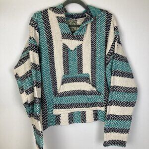 Vintage 90s Baja Joe Woven Hoodie Size XL Men’s Striped Black White Teal Mexico